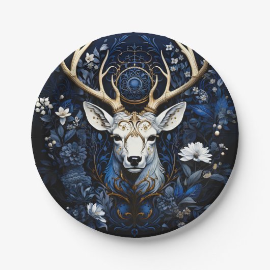 Midnight Celestial Floral Gothic Deer Pappteller (Vorderseite)
