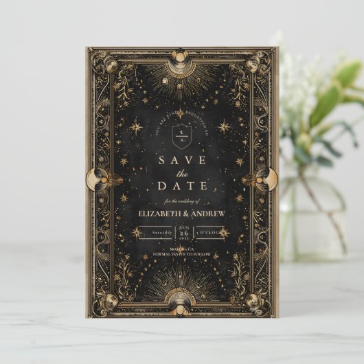 Midnight Celestial Luxe Wedding Save The Date (Stehend Vorderseite)