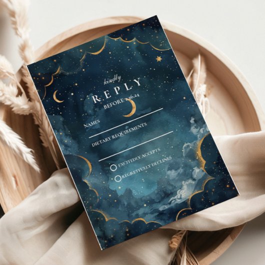 Midnight Constellation Floral Wedding RSVP Karte