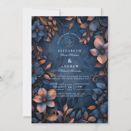 Midnight Copper Floral Wedding Einladung (Vorderseite)