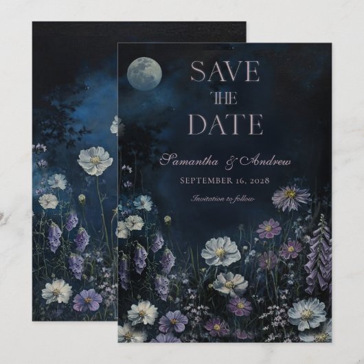 Midnight Cosmos Dunkle Florale Hochzeit Save The D Einladung (Vorne/Hinten)