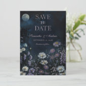 Midnight Cosmos Dunkle Florale Hochzeit Save The D Einladung (Stehend Vorderseite)