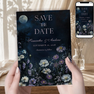 Midnight Cosmos Dunkle Florale Hochzeitsankündigun Einladung