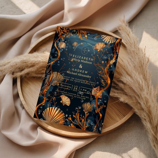 Midnight Deep Sea Gold Nautical Wedding Einladung