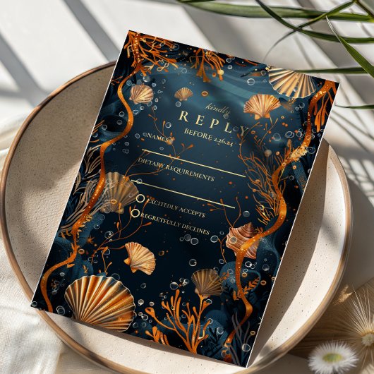 Midnight Deep Sea Gold Nautical Wedding RSVP Karte
