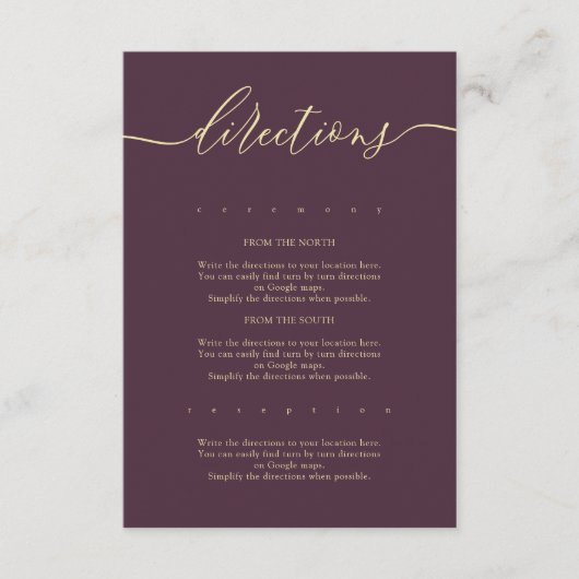 Midnight Fig & Champagne Simple Wedding Directions Begleitkarte (Vorderseite)
