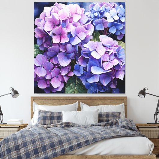 Midnight Garden Violet Hydrangea Wassercolor Leinwanddruck (Insitu (Schlafzimmer))