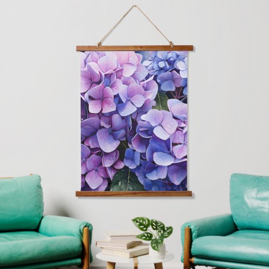 Midnight Garden Violet Hydrangea Wassercolor Wandteppich Mit Holzrahmen (Wohnzimmer)