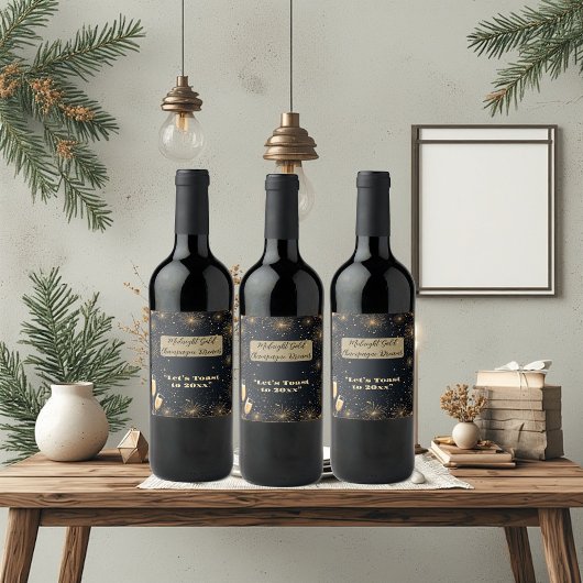 Midnight Gold Champagne Dreams Bubbly New Year Fun Weinetikett