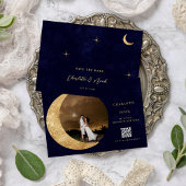 Midnight Gold Moon Stars Foto QR Code Wedding Save The Date