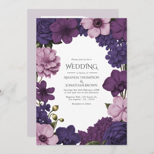 Midnight Iris, Velvet Plum & Dusty Petal Wedding Einladung (Vorne/Hinten)