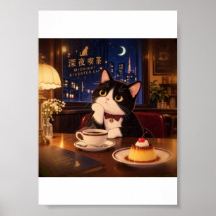 Midnight Kissaten Cat Poster Japanisches Retro-C