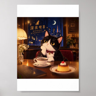Midnight Kissaten Cat Poster | Japanisches Retro-C