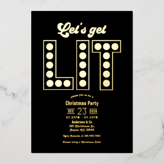 Midnight Luxe Let’s Get Lit Retro Christmas Party Folieneinladung (Vorderseite)