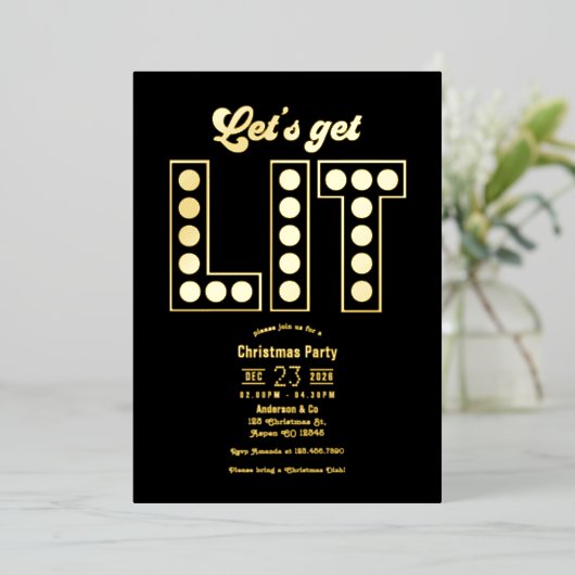 Midnight Luxe Let’s Get Lit Retro Christmas Party Folieneinladung (Stehend vorne)