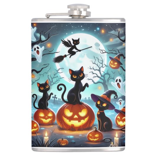 Midnight Magic: Black Cats & Pumpkins Halloween  Flachmann (Vorderseite)
