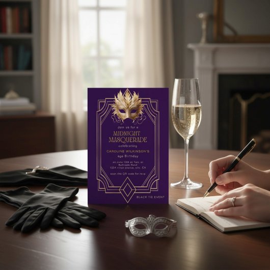 Midnight Masquerade Gold Feather Mask Purple Einladung