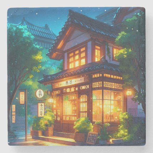 Midnight Matcha – Cozy Japanese Lofi Café Steinuntersetzer (Vorderseite)