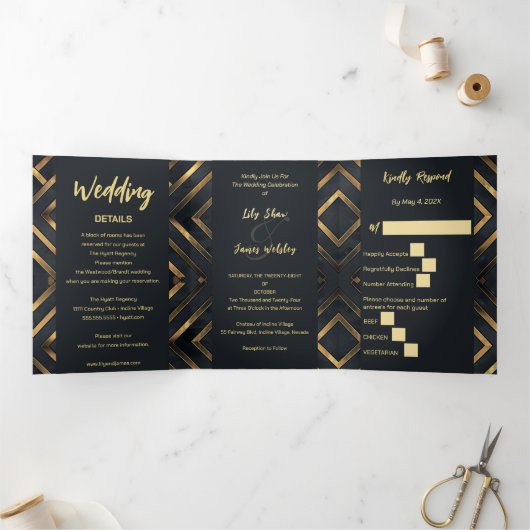 Midnight Modern Gold Wedding Dreifach Gefaltete Einladung (Innenseite)