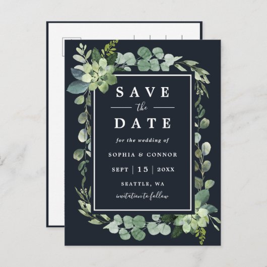 Midnight Navy Blue Succulent Wedding Save the Date Ankündigungspostkarte (Vorne/Hinten)