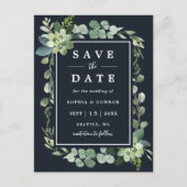 Midnight Navy Blue Succulent Wedding Save the Date Ankündigungspostkarte (Vorderseite)