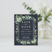 Midnight Navy Blue Succulent Wedding Save the Date Ankündigungspostkarte (Stehend Vorderseite)