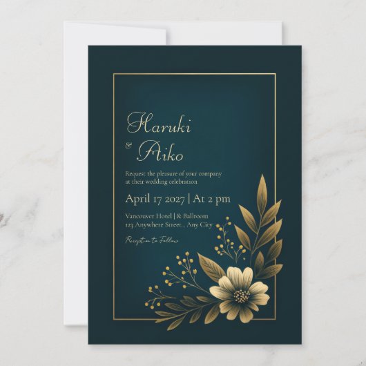 Midnight Navy Gold Botanical Wedding Einladung (Vorderseite)