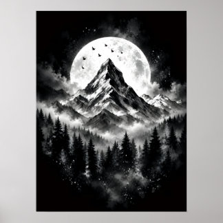 Midnight Peaks Schwarz-Weiß-Bergmondposter Poster