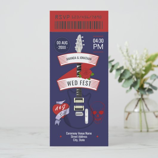 Midnight Riot Rock ’n’ Roll Wedding Ticket Einladung (Stehend Vorderseite)