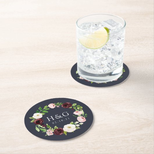 Midnight Romance Wedding Monogram & Date Runder Pappuntersetzer (Vor Ort)