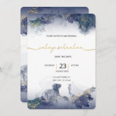 Midnight Sky & Gold Veins Moody Modern Wedding Einladung (Vorne/Hinten)