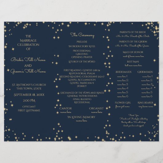 Midnight Sky Twinkle Star Tri Fold Wedding Program (Vorderseite)