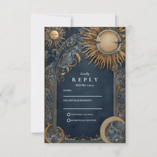Midnight Sun Celestial Wedding RSVP Karte (Vorderseite)
