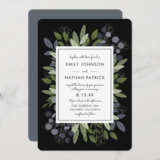 Midnight Wedding Sprigs Einladung (Vorne/Hinten)
