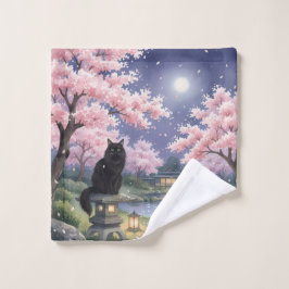 Midnight Zen: Black Cat & Cherry Blossoms under Waschlappen