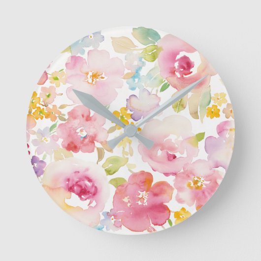 Midsummer | Watercolor Pink Floral Runde Wanduhr (Vorderseite)