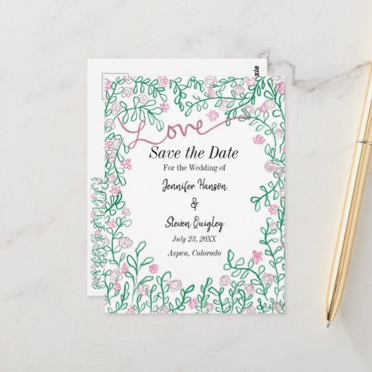 MidSummer Wedding Save the Date Floral Postcard Postkarte (Vorderseite/Rückseite Beispiel)