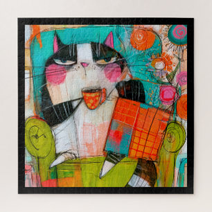 Miesgelaunter Kaffeetrinkender Katze im Sessel Puzzle