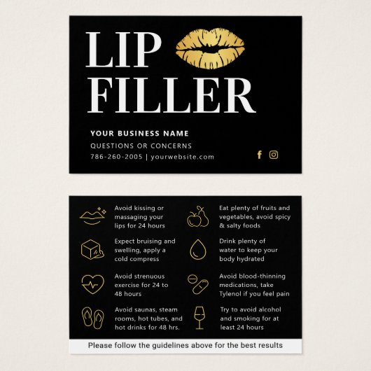 Mighty Black & Gold Lip Filler Aftercare Card (Vorne & Hinten)