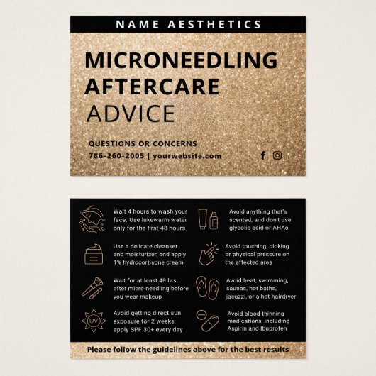 Mighty Glitzer Gold Dermal Filler Aftercare Card (Vorne & Hinten)