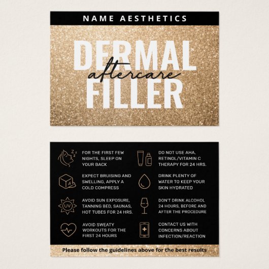 Mighty Glitzer Gold Dermal Filler Aftercare Card (Vorne & Hinten)