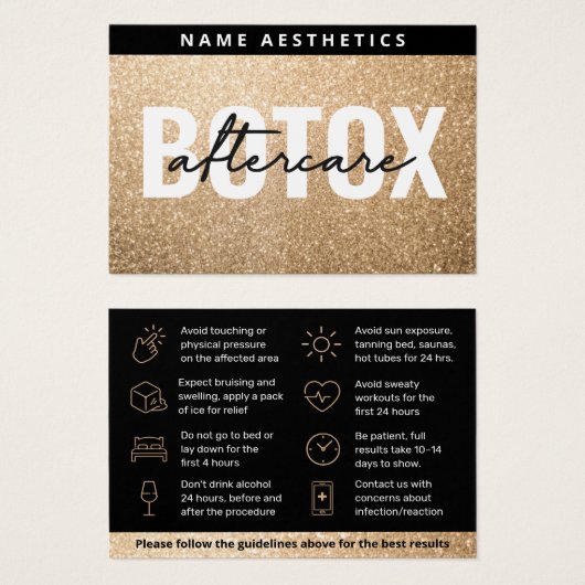 Mighty Glitzer Gold Dermal Filler Aftercare Card (Vorne & Hinten)