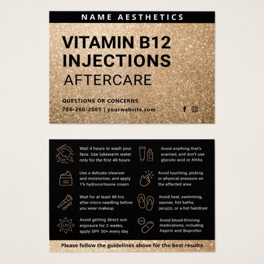 Mighty Glitzer Gold Dermal Filler Aftercare Card (Vorne & Hinten)