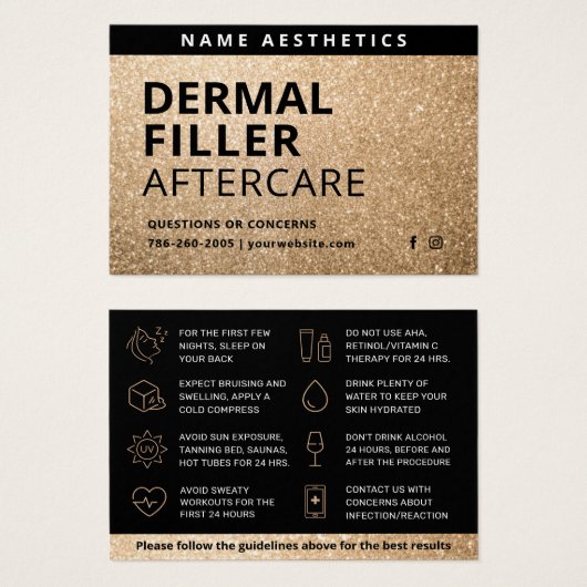 Mighty Glitzer Gold Dermal Filler Aftercare Card (Vorne & Hinten)