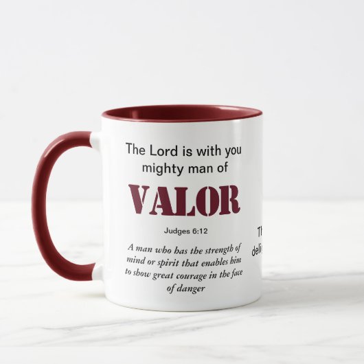 MIGHTY MAN OF VALOR Christlich Red Monogram Tasse (Links)