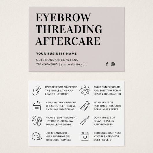 Mighty Simple Eyebrow Threading Aftercare Card (Vorne & Hinten)
