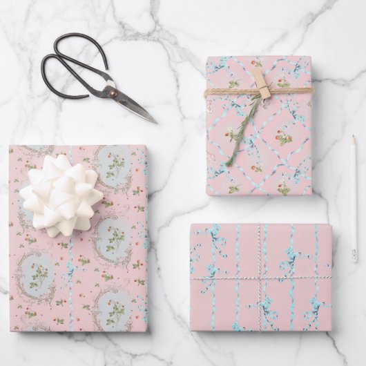 Mignonette Strawberries Blush Pink Wrapping Paper Geschenkpapier Set (Vorderseite)