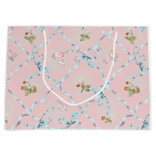 Mignonette Strawberries Ribbon Trellis Blush Pink Große Geschenktüte (Vorderseite)