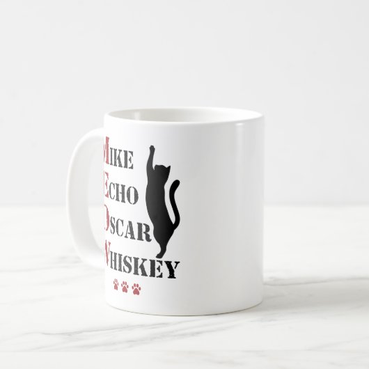 Mike Echo Oscar Whiskey MEOW Cat Kaffeetasse (Vorderseite Links)