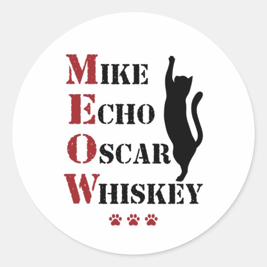 Mike Echo Oscar Whiskey MEOW Cat Runder Aufkleber (Vorderseite)
